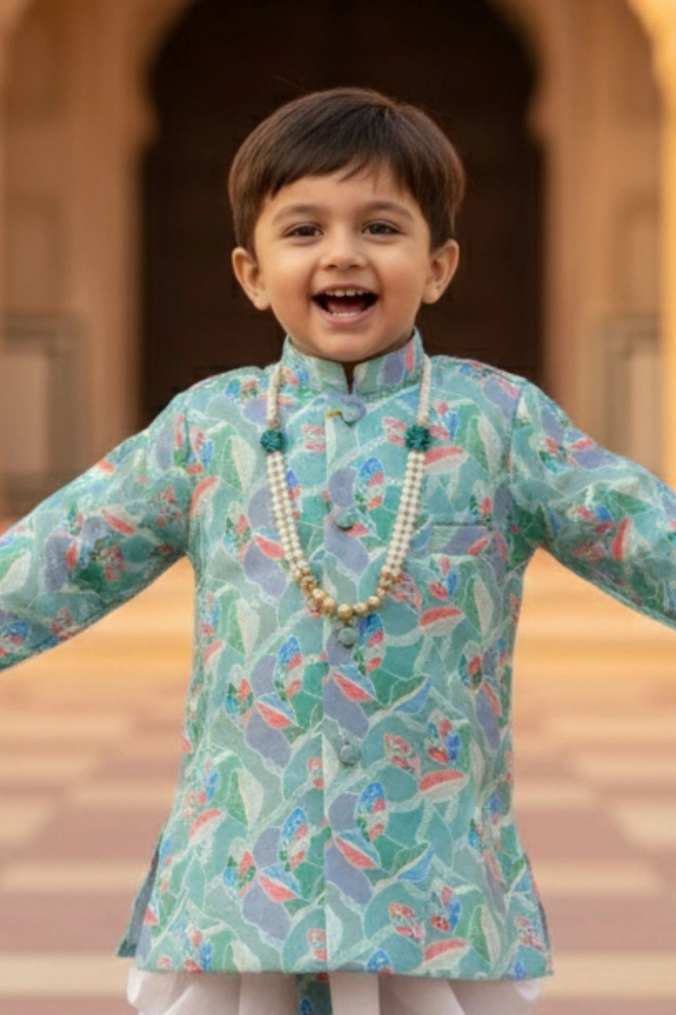 Aqua Blue With Leaf Printed Festive Dhoti Set for Boys