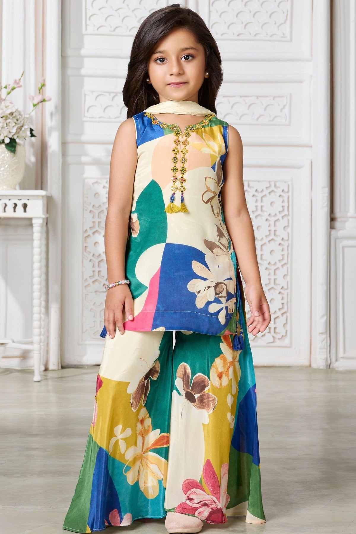 Girls Multicolour Printed Palazzo Set With Dupatta