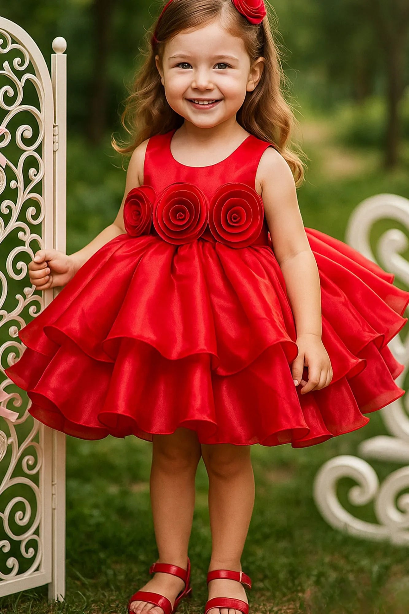 Red Floral Appliqué Tiered Frock For Girls