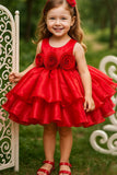 Red Floral Appliqué Tiered Frock For Girls