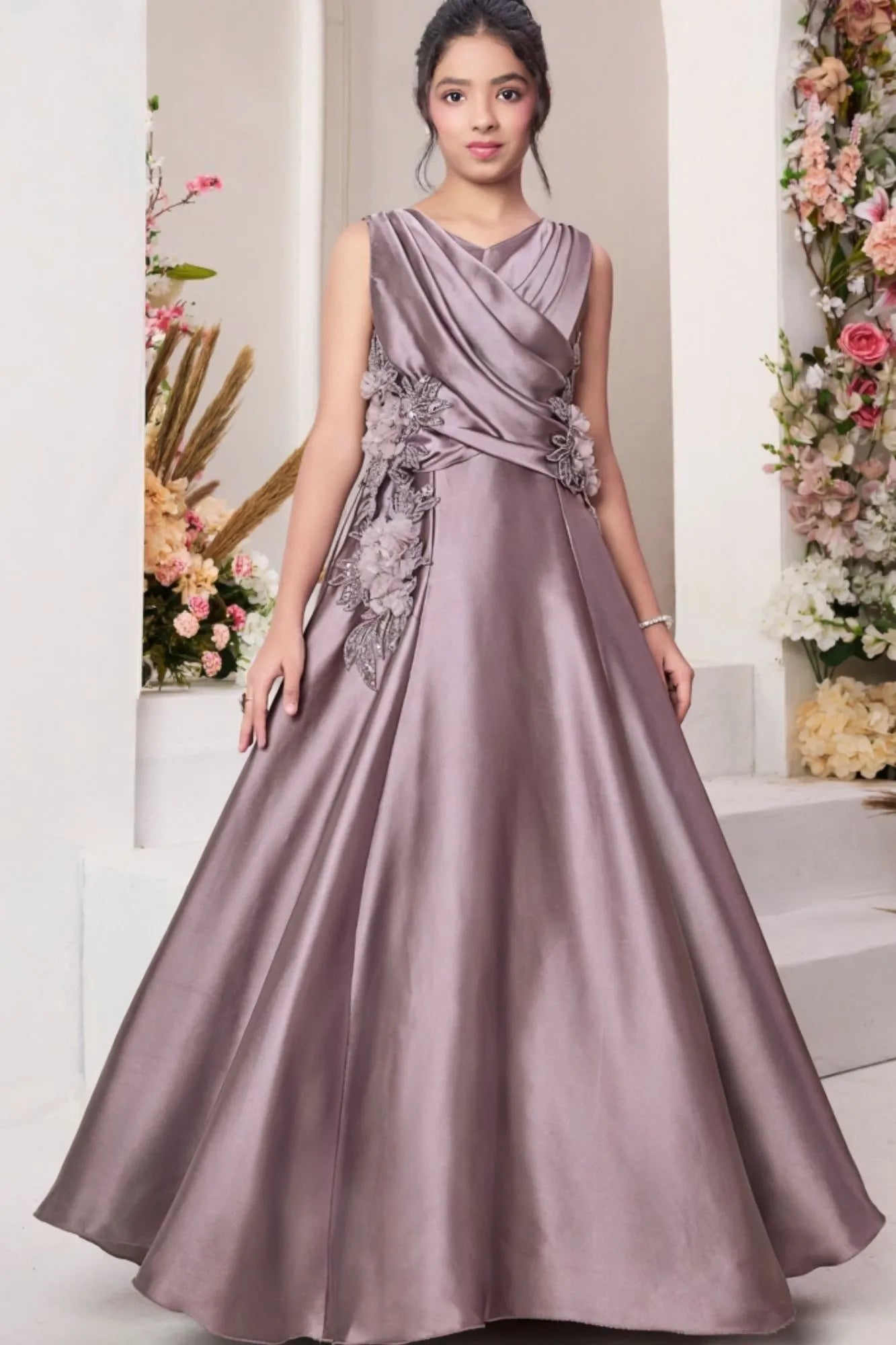 Mauve Gown with Draped Bodice and 3D Floral Appliqué Embroidery For Girls