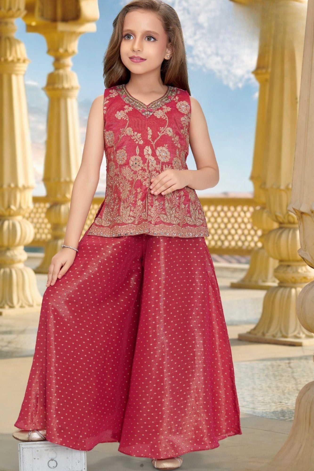 Rani Pink Embroidered Top with Flared Palazzo Set For Girls