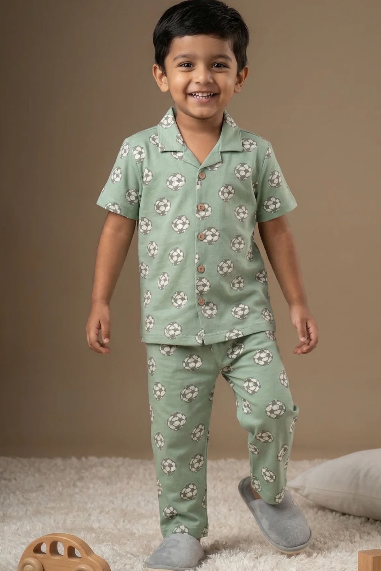 Green Football Print Cotton Night Suit Set For Boys