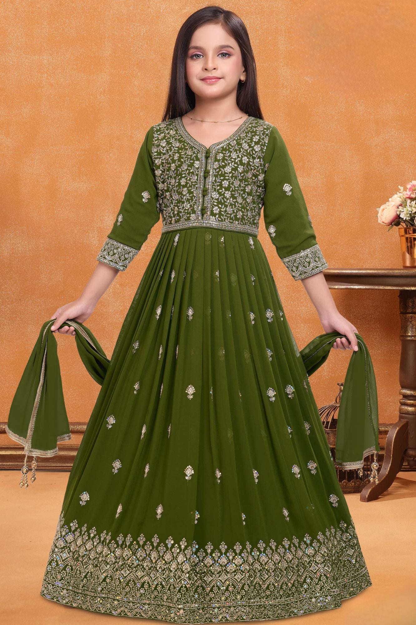 Girls Olive Green Silk Blend Ethnic Gown With Embroidered Neckline And Dupatta