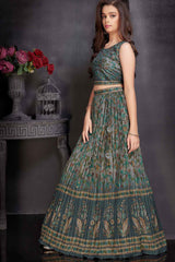 Teal Green Lehenga Choli Set With Printed And Sequin Work For Girls