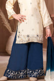 Ivory Embroidered Kurti Peacock Blue Palazzo Set with Dupatta for Girls