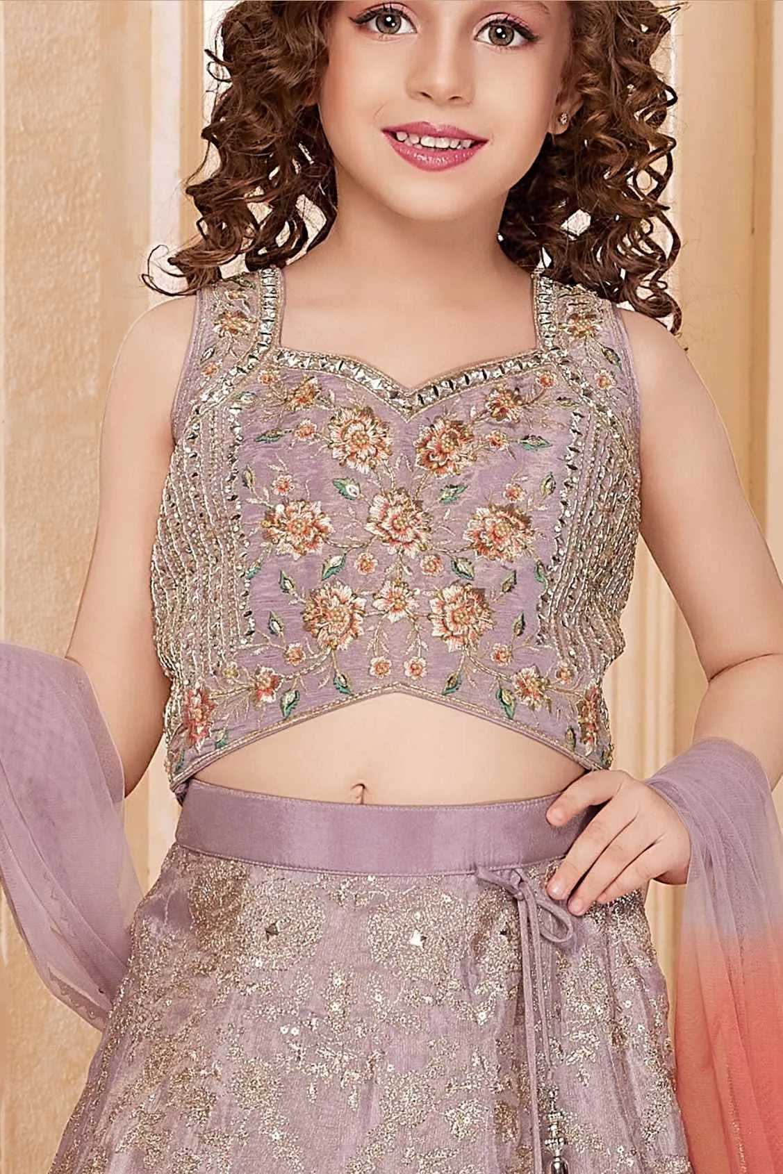 Lavender Floral Embroidered Lehenga Choli Set for Girls