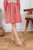 Rust Red Cotton Dress with Multicolor Floral Embroidered Yoke For Girls