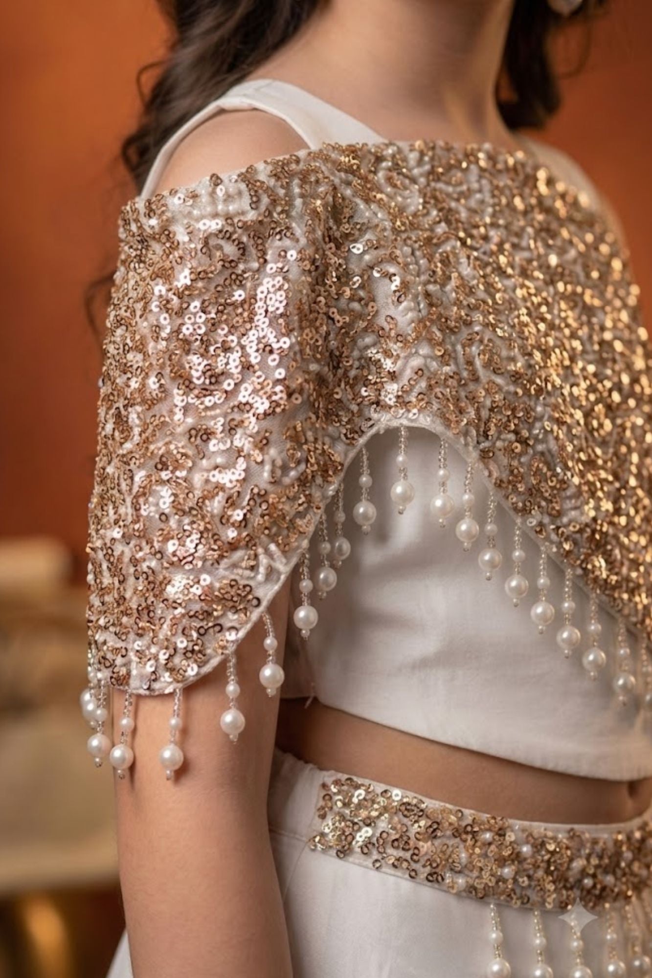 Designer Ivory Sharara Set with Sequin Cape and Pearl Tassel Detailing For Girls