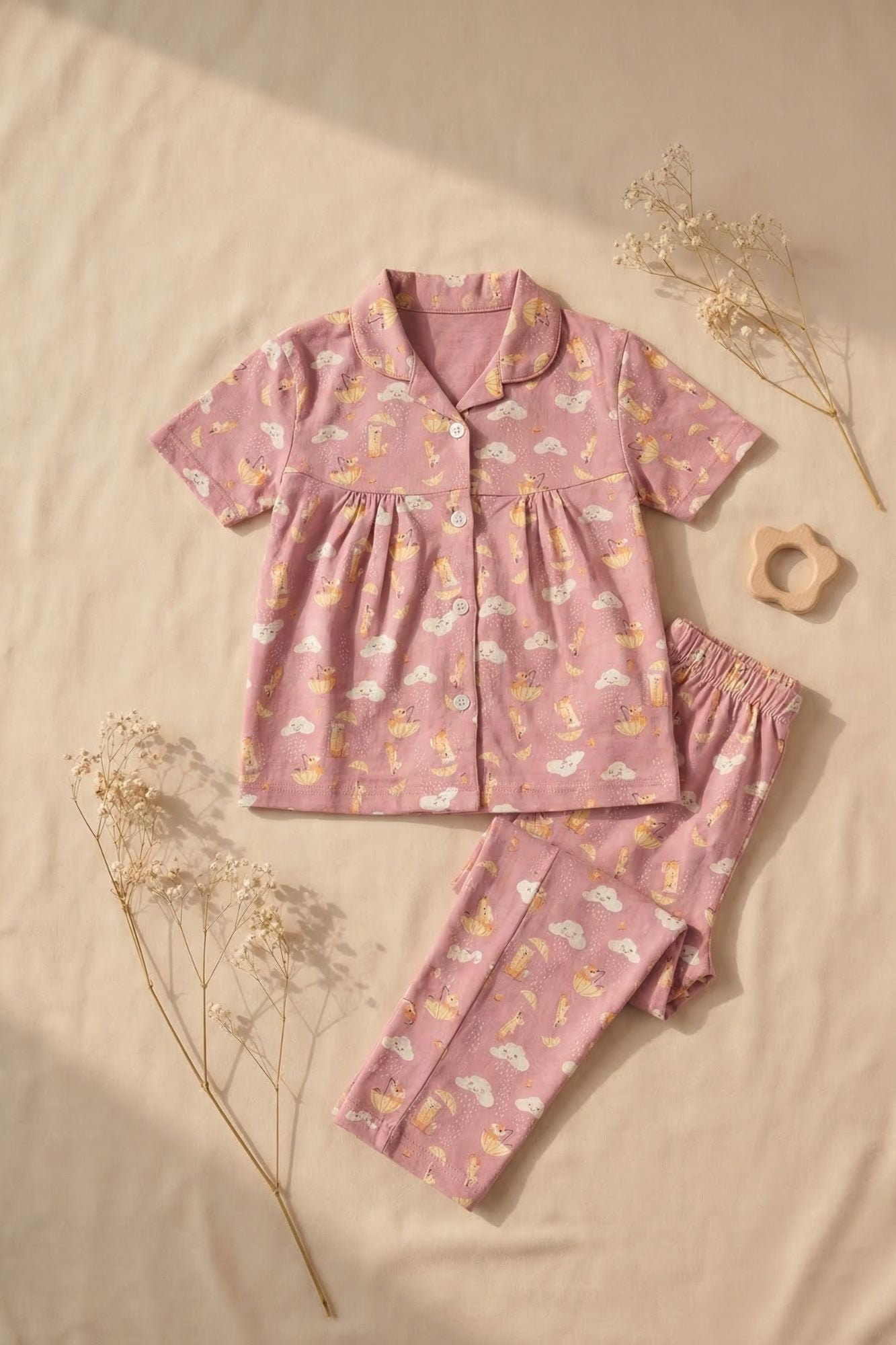 Dusty Pink Unicorn And Cloud Print Night Suit Set For Girls