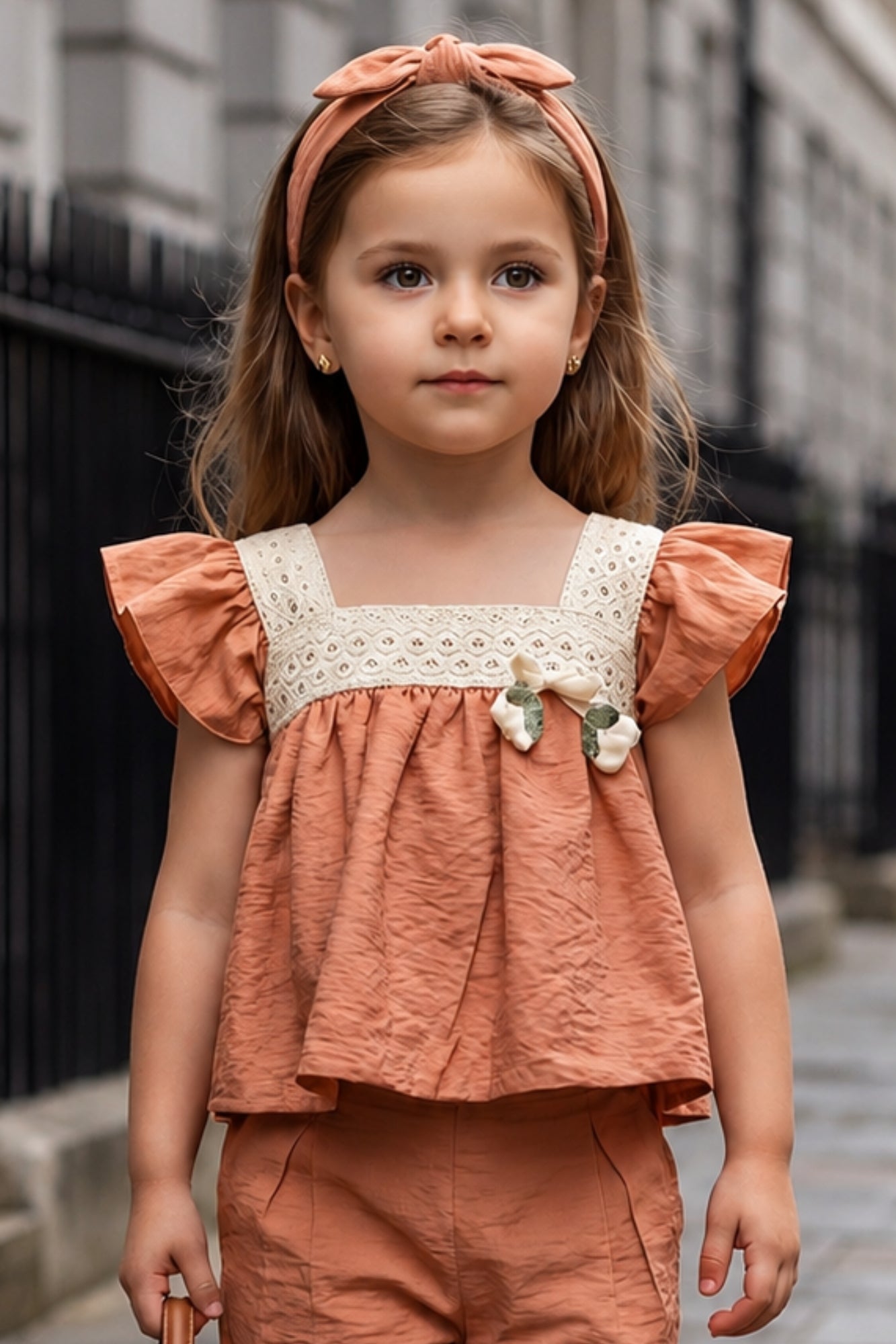 Rust Orange Lace Yoke Top and Capri Co-Ord Set