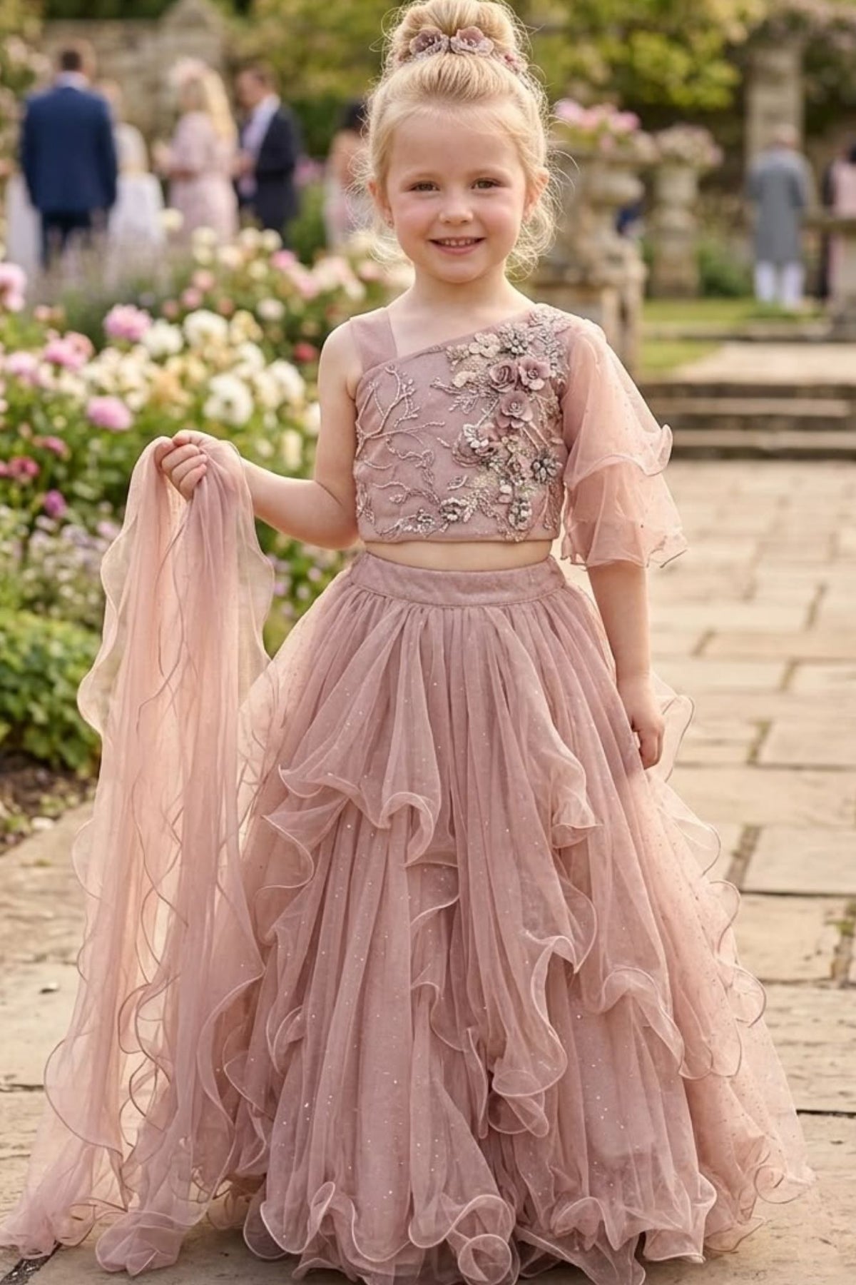 Dusty Pink Floral Ruffle Lehenga Choli for Girls