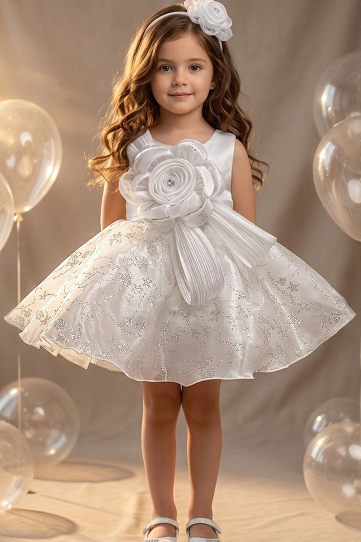 Girls White 3D Floral Party Dress