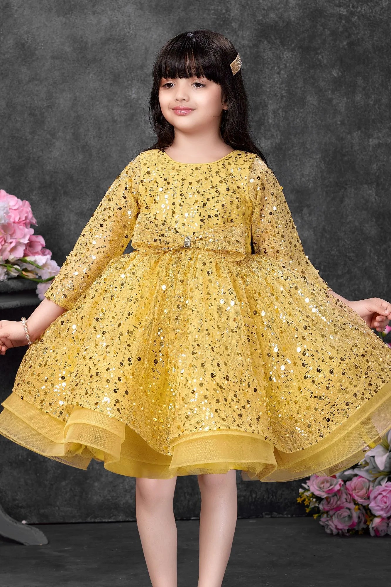 Mustard Yellow Sequins Embellished Party Wear Frock with Bow Detail For Girls