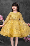 Mustard Yellow Sequins Embellished Party Wear Frock with Bow Detail For Girls