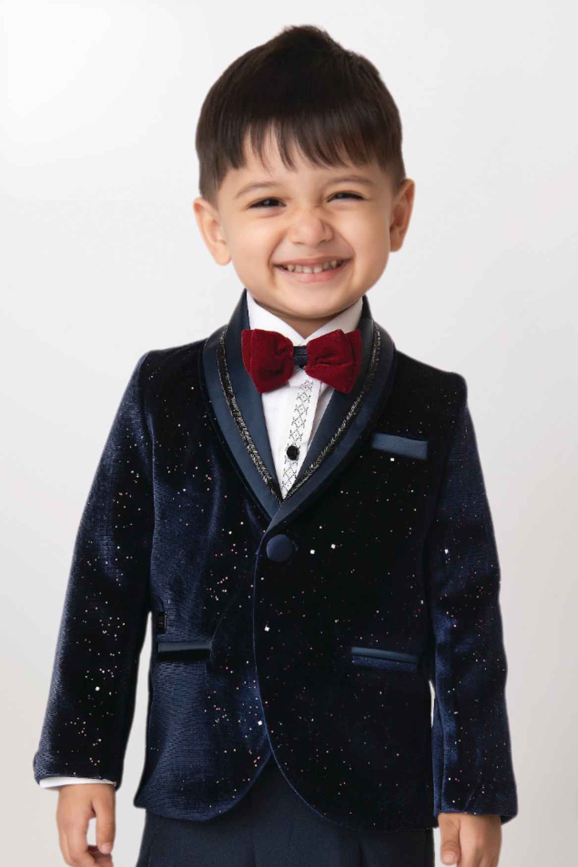 White Shirt With Navy Blue Blazer And Pant Set For Boys