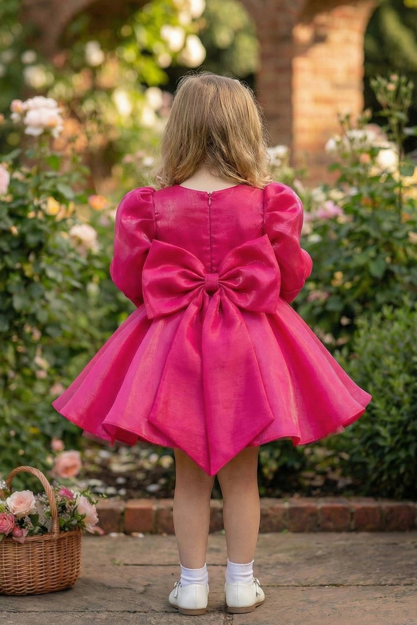 Pink Party Wear Frock with Puffy Sleeves & Statement Rose Appliqué For Girls