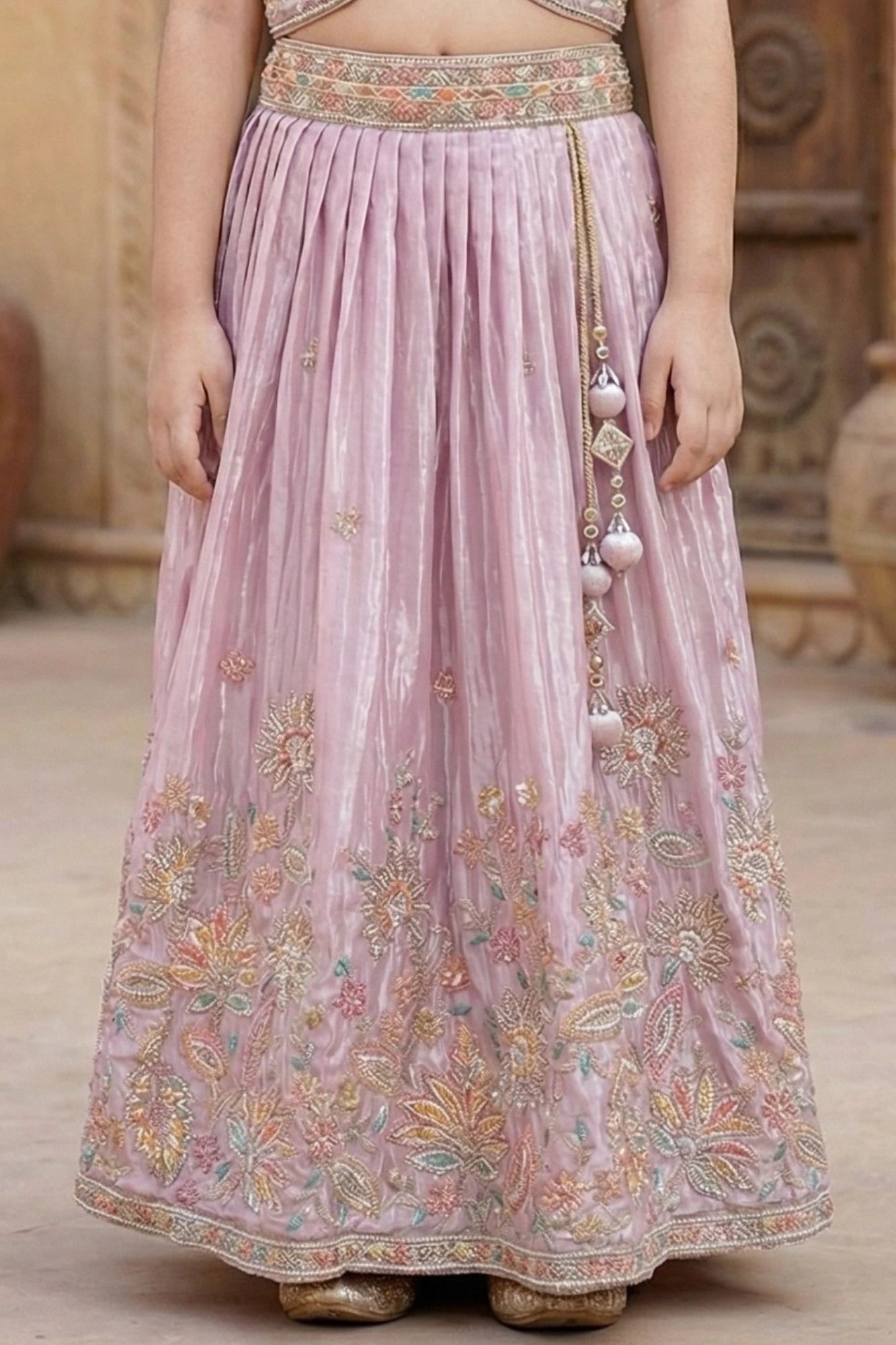 Elegant Lavender Floral Embroidered Lehenga Choli Set For Girls