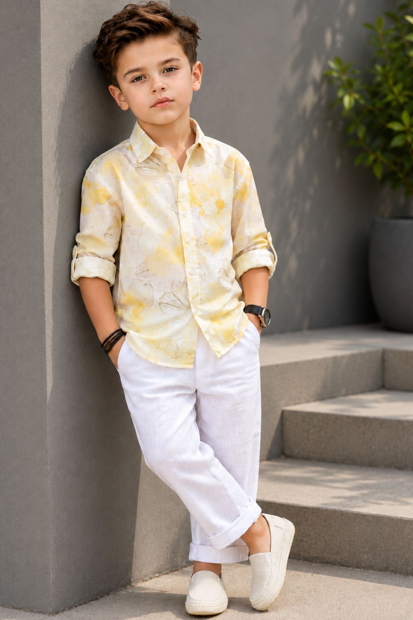Yellow Tropical Floral Printed Pure Linen Shirt