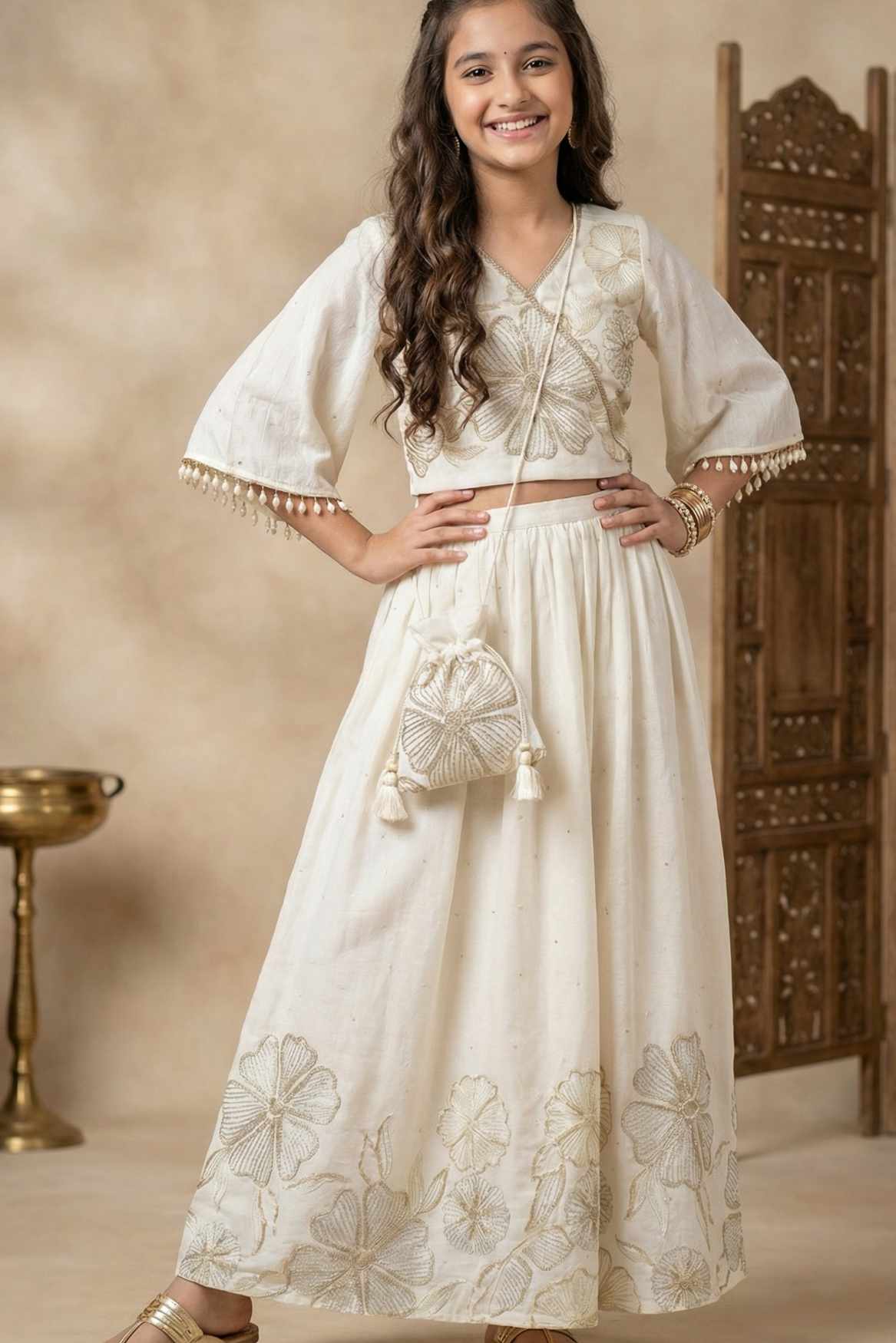 Designer Cream Embroidered Palazzo Set with Potli Bag for Girls