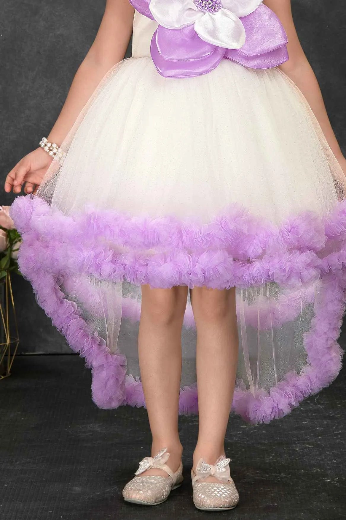 Off-White and Lavender High-Low Party Frock with 3D Flower Appliqué For Girls