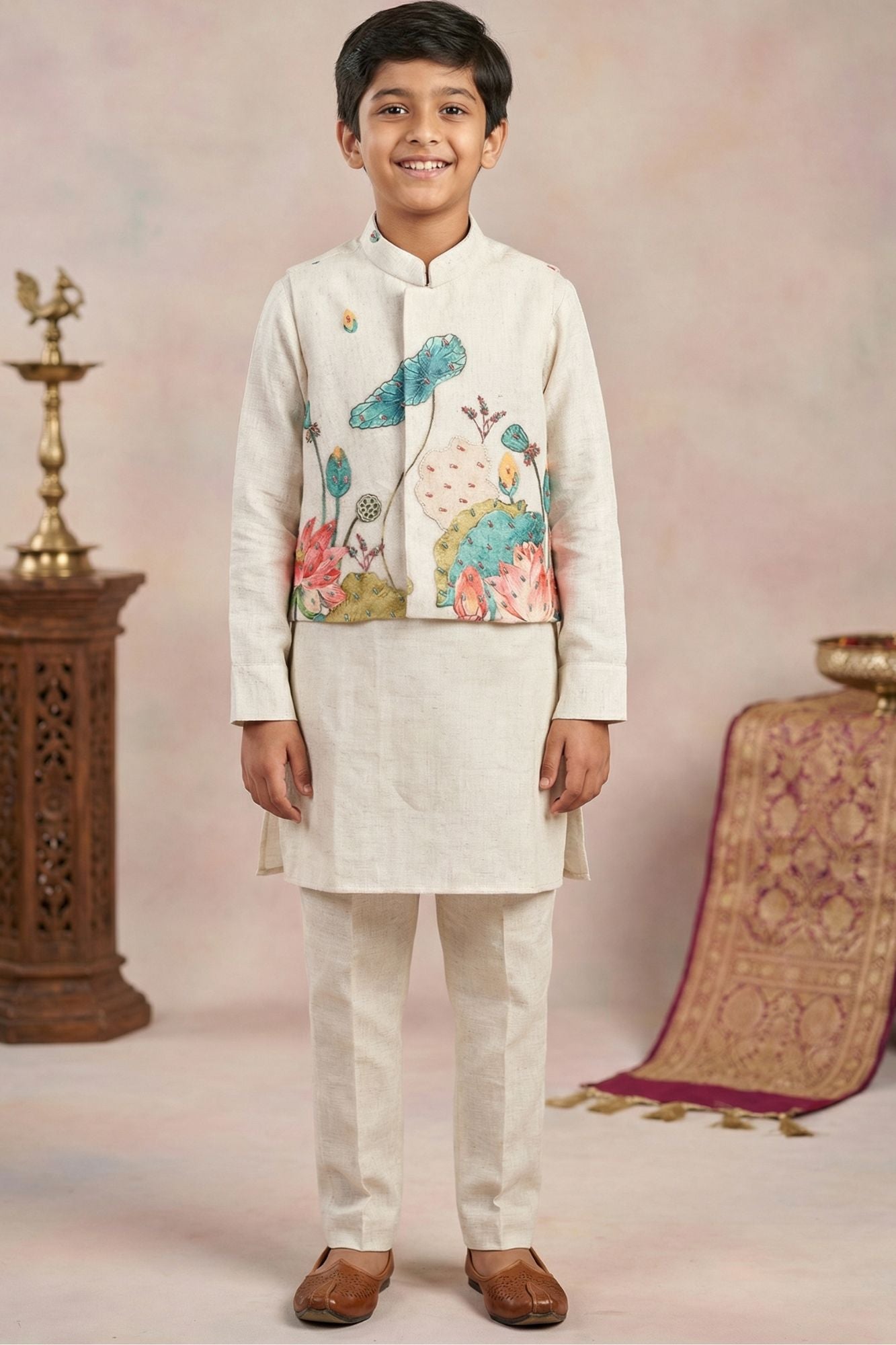 Beige Kurta Set With Floral Printed Nehru Jacket For Boys