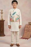 Beige Kurta Set With Floral Printed Nehru Jacket For Boys