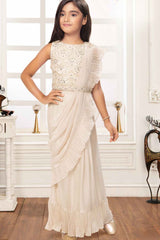 Elegant Off White Ruffled And Sequined Saree For Girls