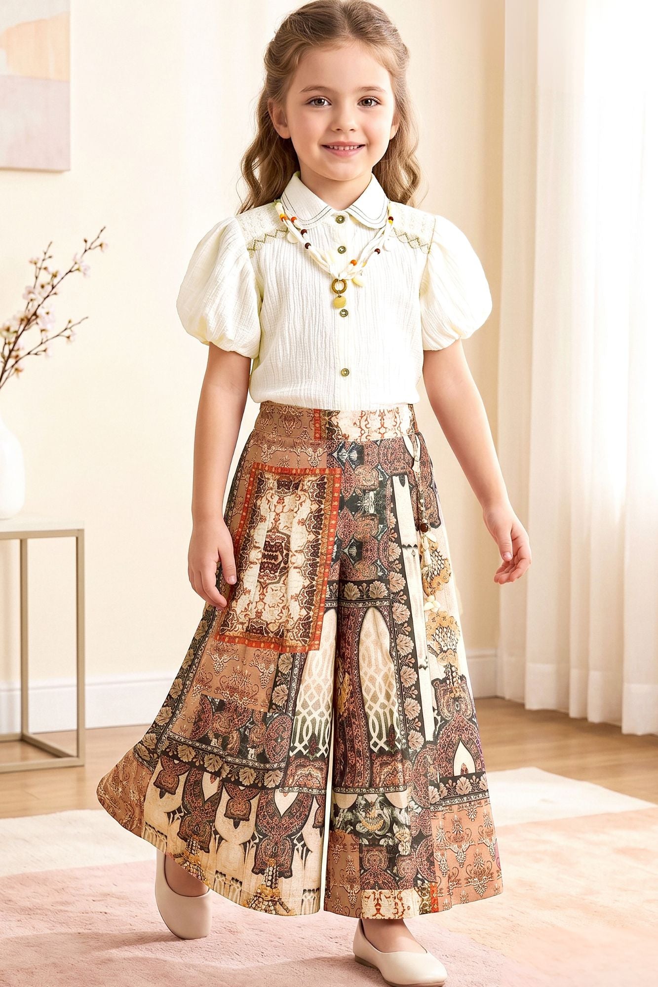 Elegant Ivory Top And Ethnic Print Wide-Leg Co-Ord Set for Girls