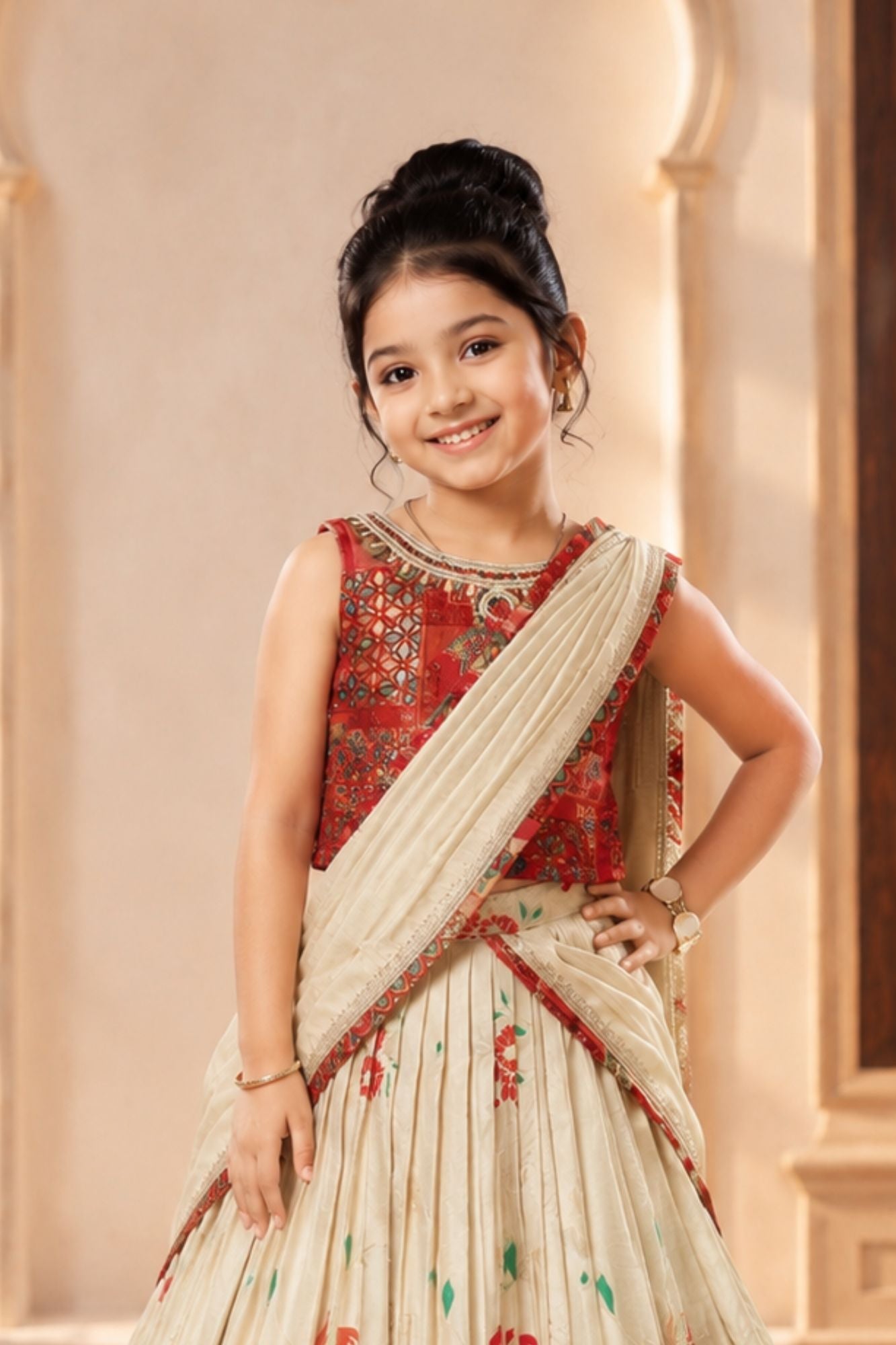 Red Patchwork Lehenga Choli with Attached Dupatta for Girls