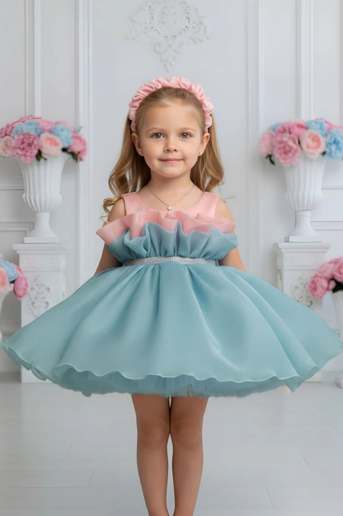 Aqua And Blush Pink Layered Party Frock For Girls