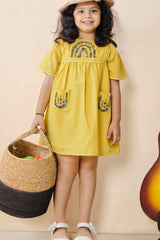 Stylish Yellow Casual Frock With Embroidery For Girls