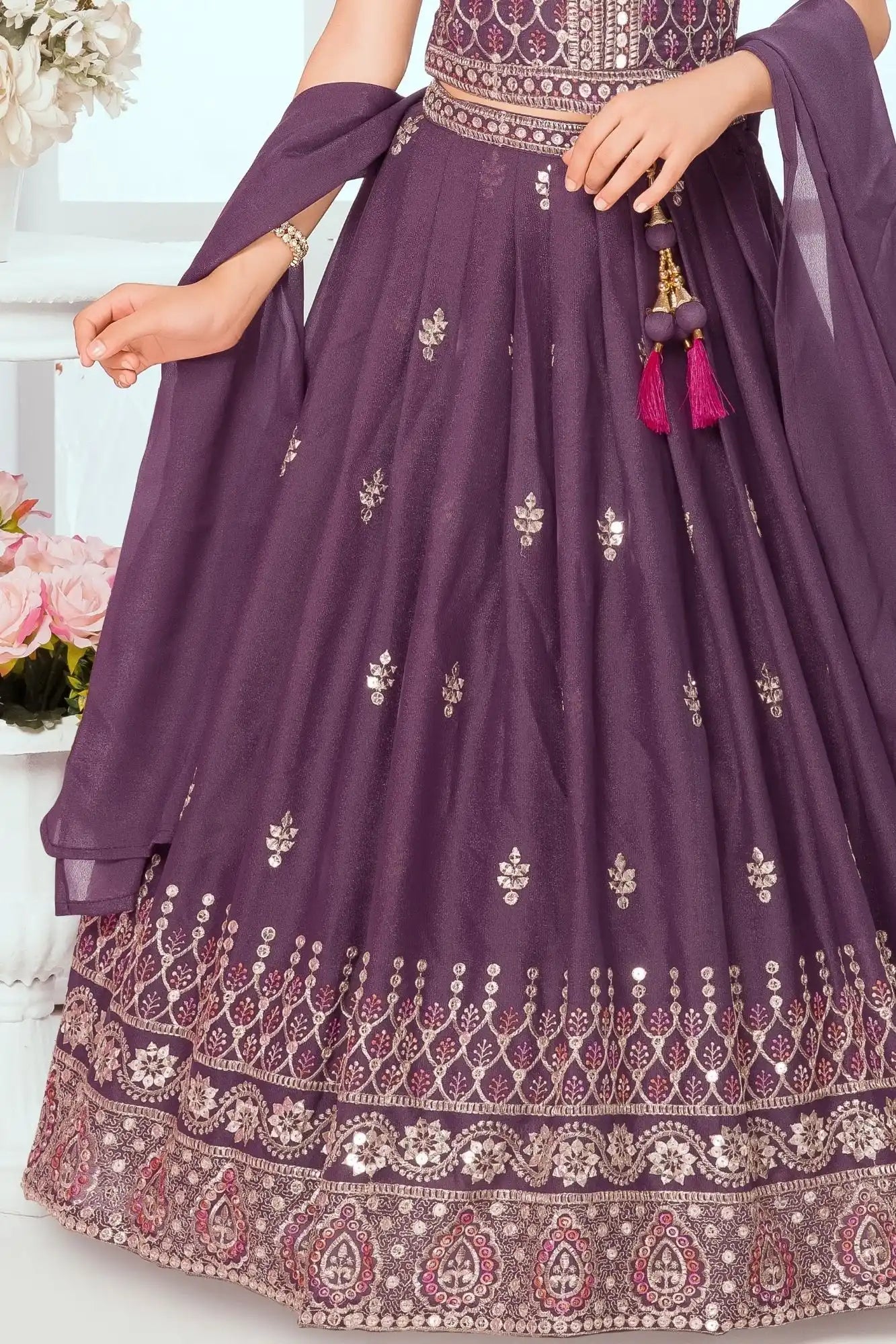 Purple Embroidered Lehenga Choli Set with Dupatta For Girls
