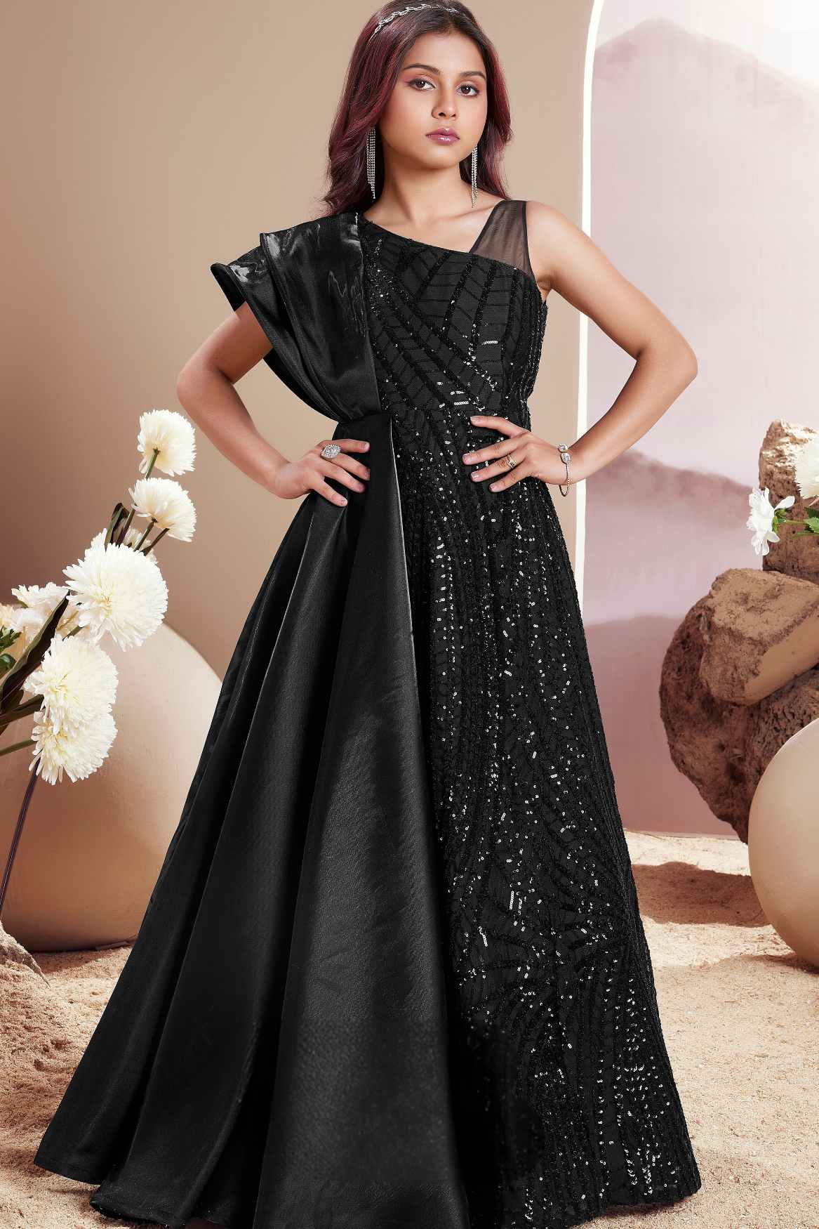 Designer Black Sequined Partywear Gown For Girls