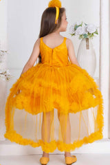 Yellow Ruffle And Layered High-Low Party Tailback Frock for Girls