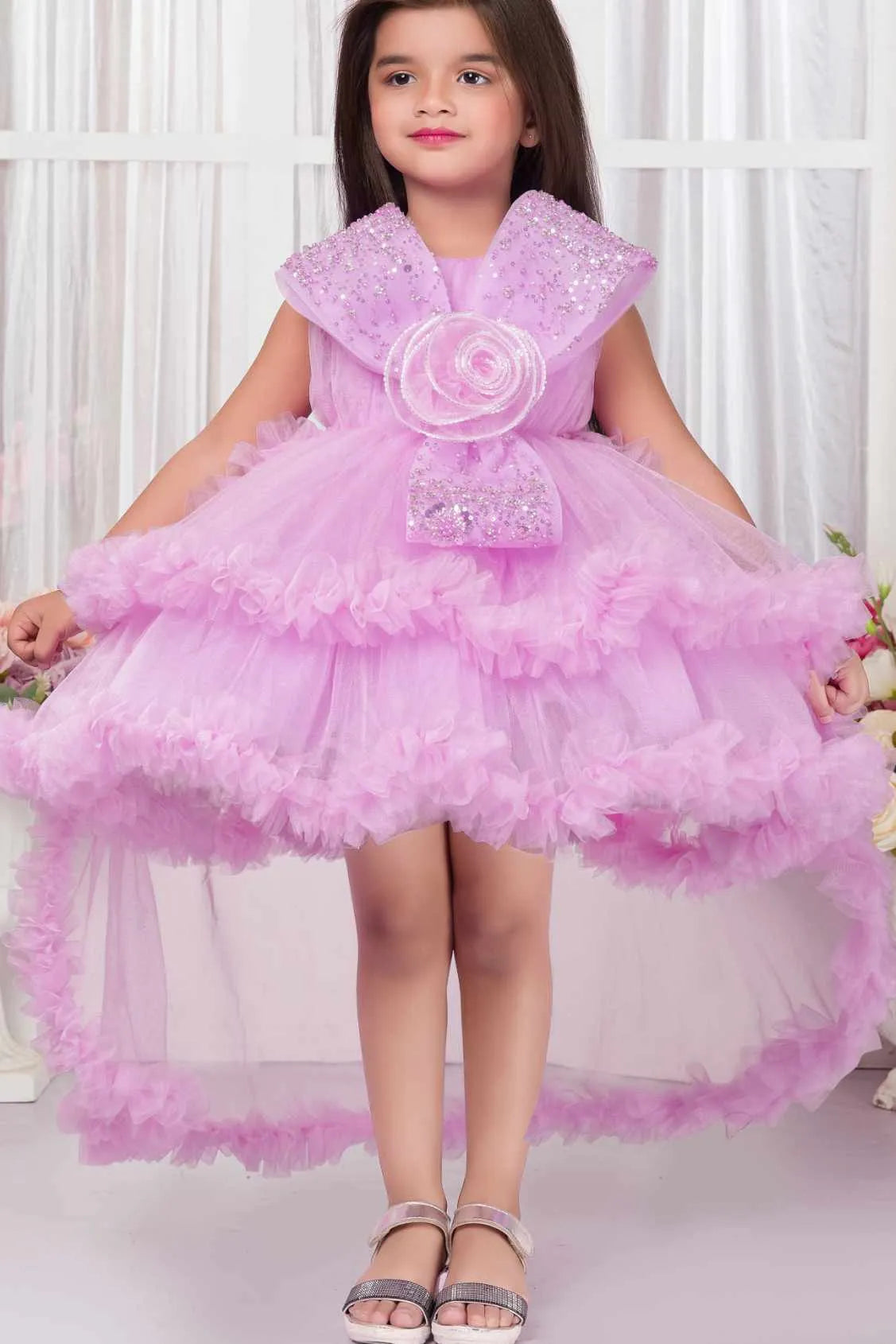 Lavender Sequin Bow Party Frock For Girls