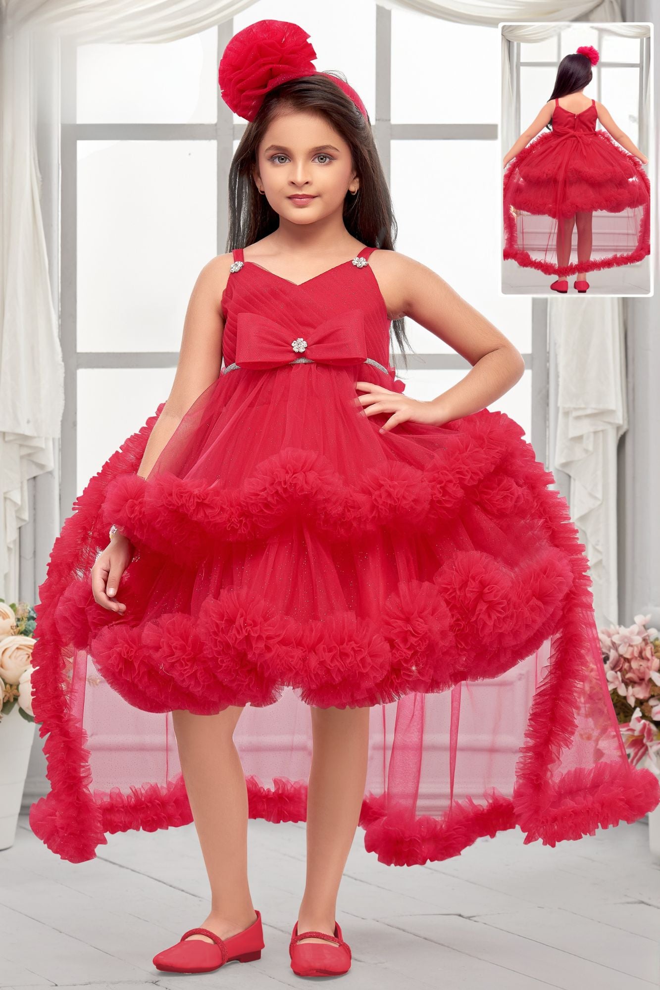 Rani Pink High-Low Party Wear Tulle Frock with Bow Detail For Girls