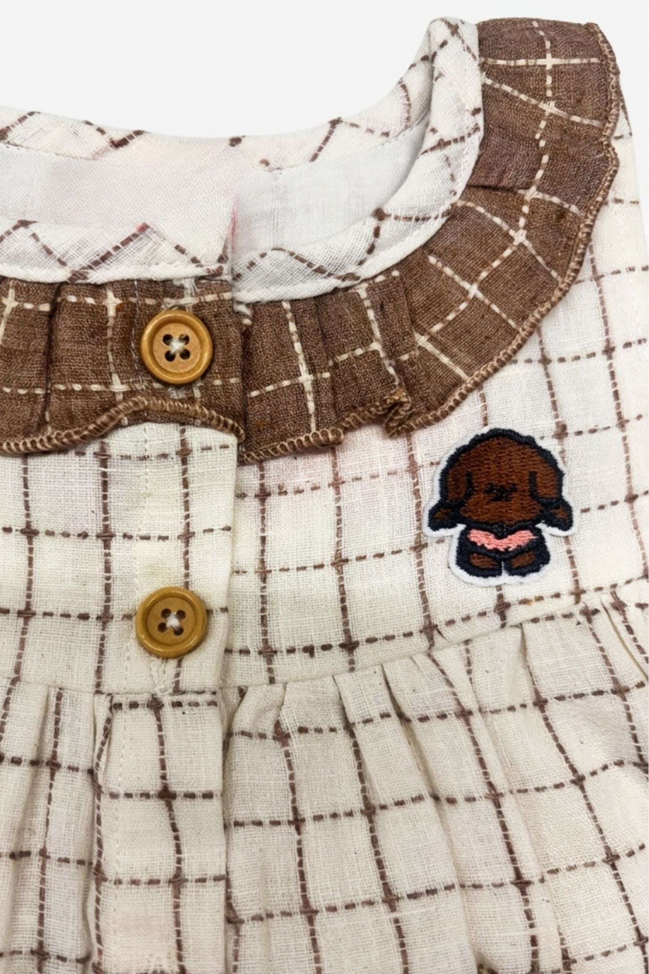 Adorable Girls Cream And Brown Checked Top & Shorts Set with Ruffle Collar