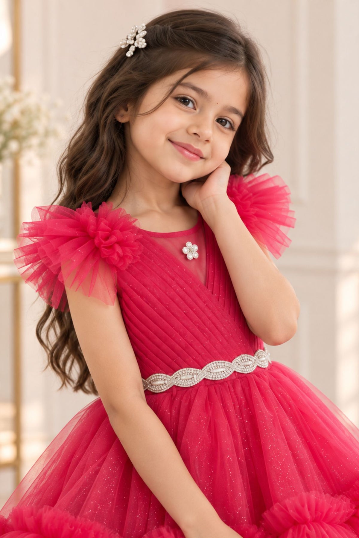 Rani Pink Layered Ruffle High-Low Party Wear Frock For Girls
