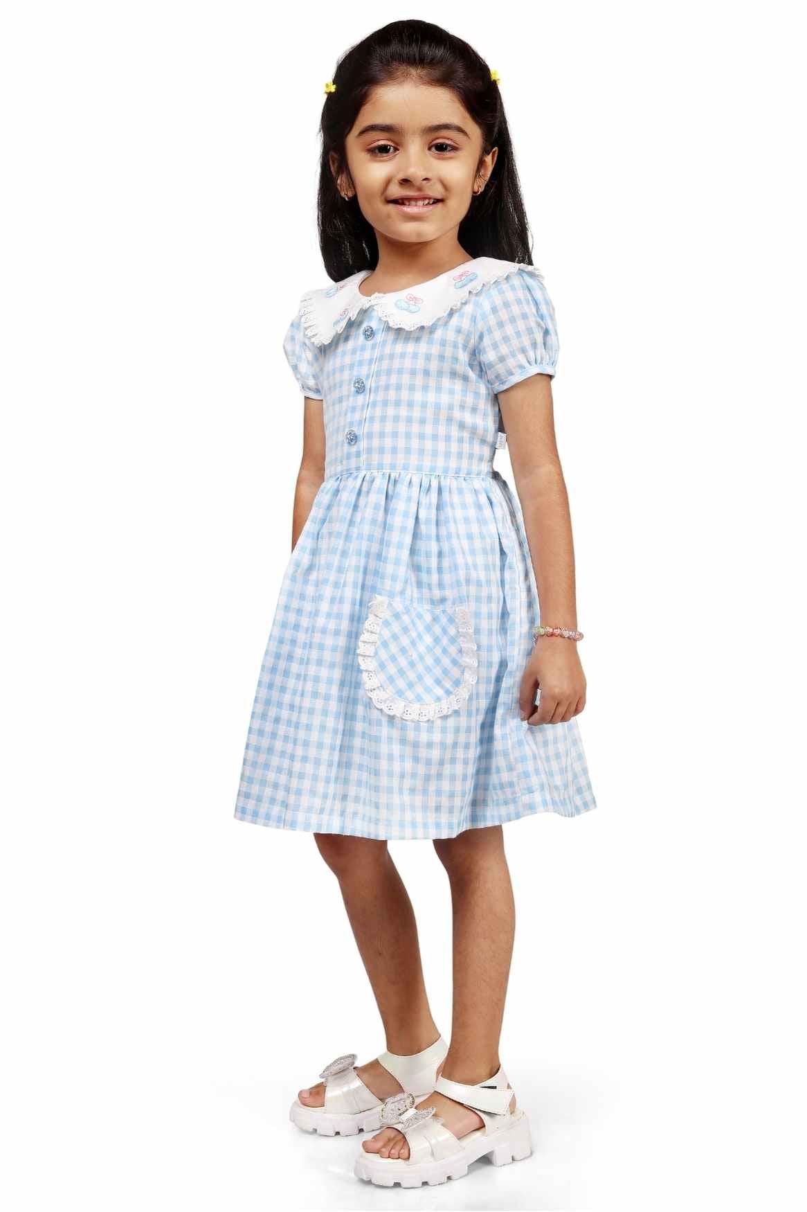 Blue Checked And Embroidery Frock For Girls