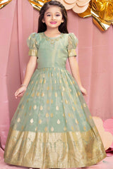 Ethnic Pista Green Brocade Gown With Sequin Embroidery For Girls