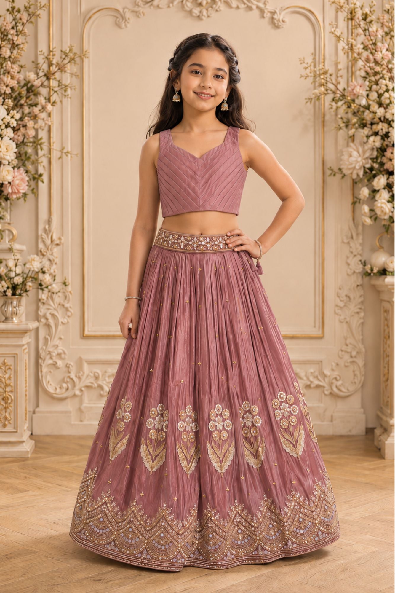 Dusty Mauve Heavy Floral Embroidered Lehenga Choli with Jacket