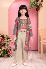 Pink Printed Top With Overcoat And Bottom For Girls