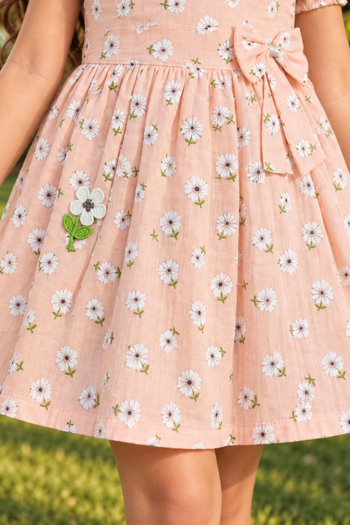 Girls Peach Floral Printed Puff Sleeve Fit And Flare Dress