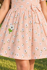 Girls Peach Floral Printed Puff Sleeve Fit And Flare Dress