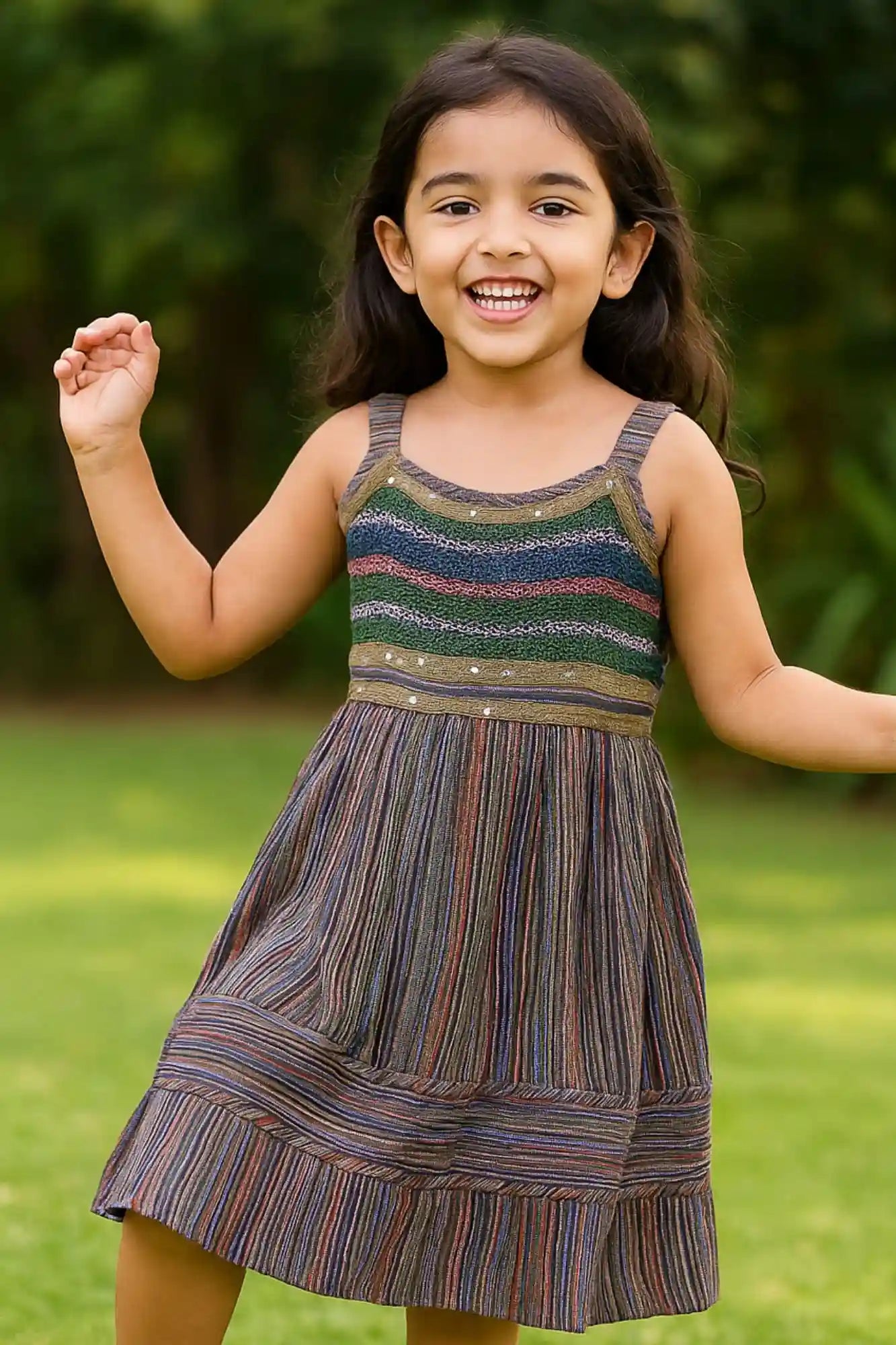 Multicolor Stripe Summer Dress with Shimmer Yoke For Girls