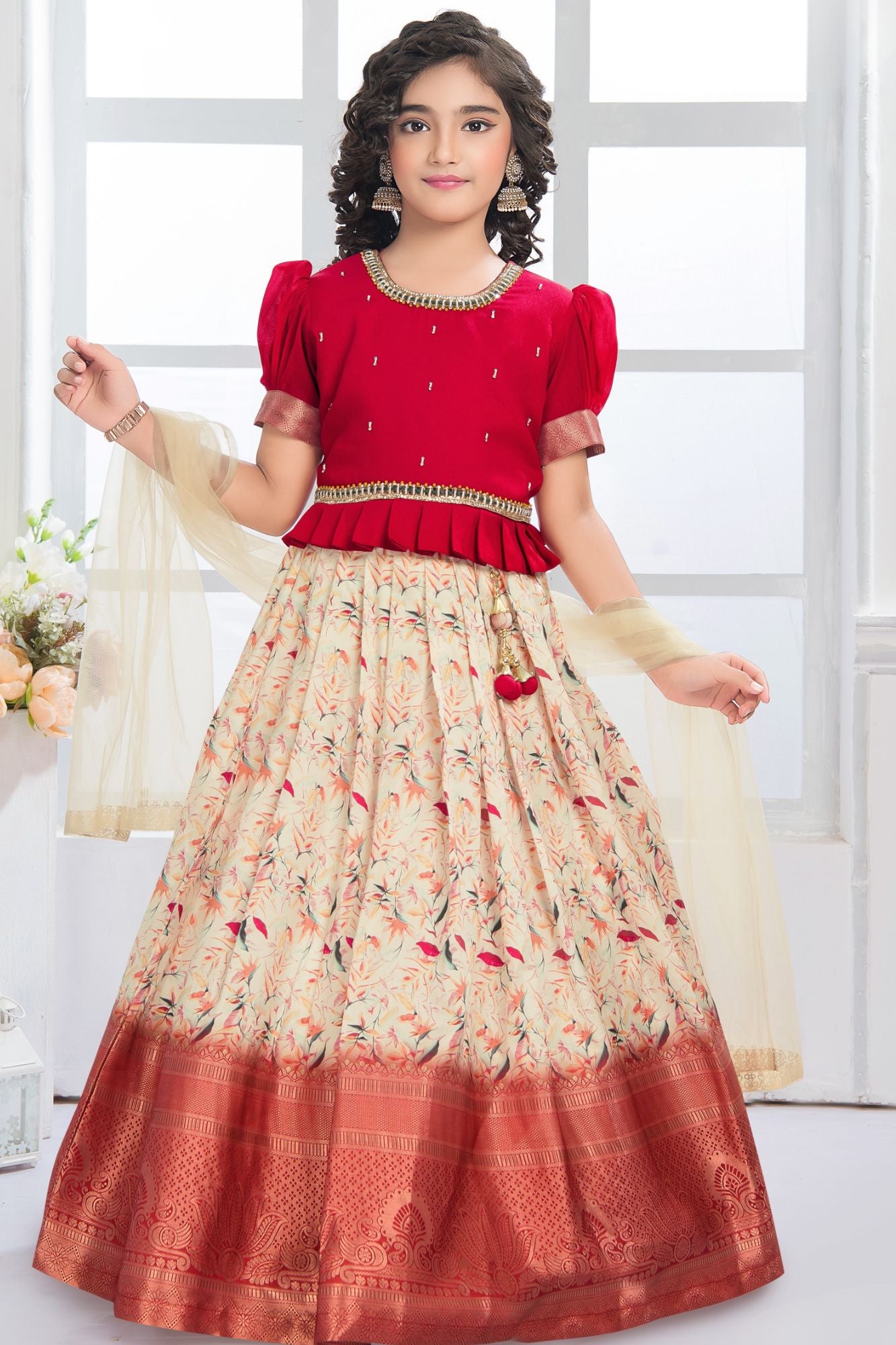 Girls Red Pattu Pavadai Set with Beige Floral Skirt With Zari Border