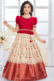 Girls Red Pattu Pavadai Set with Beige Floral Skirt With Zari Border