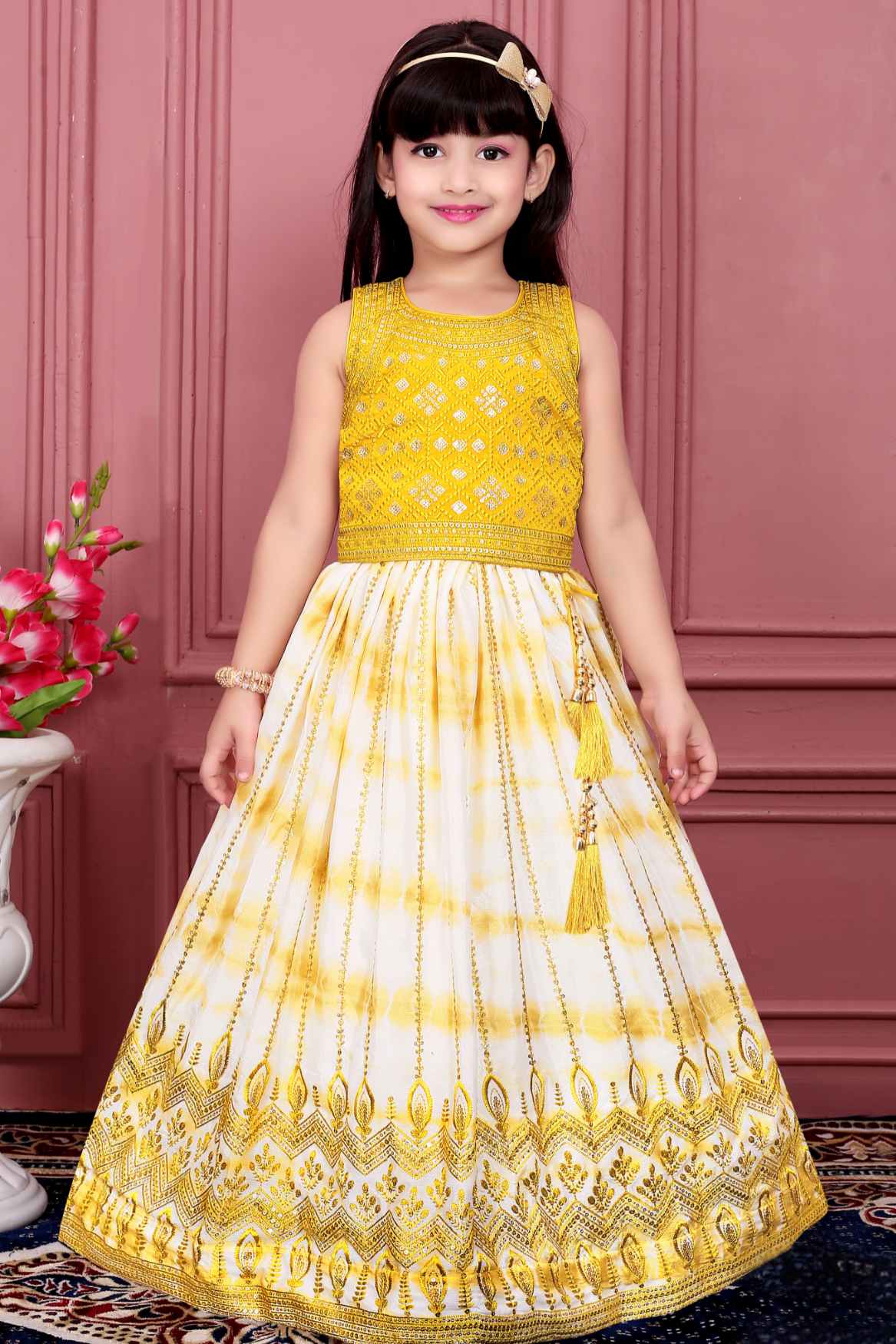 Yellow And White Lehenga Choli Set With Traditional Embroidery For Girls