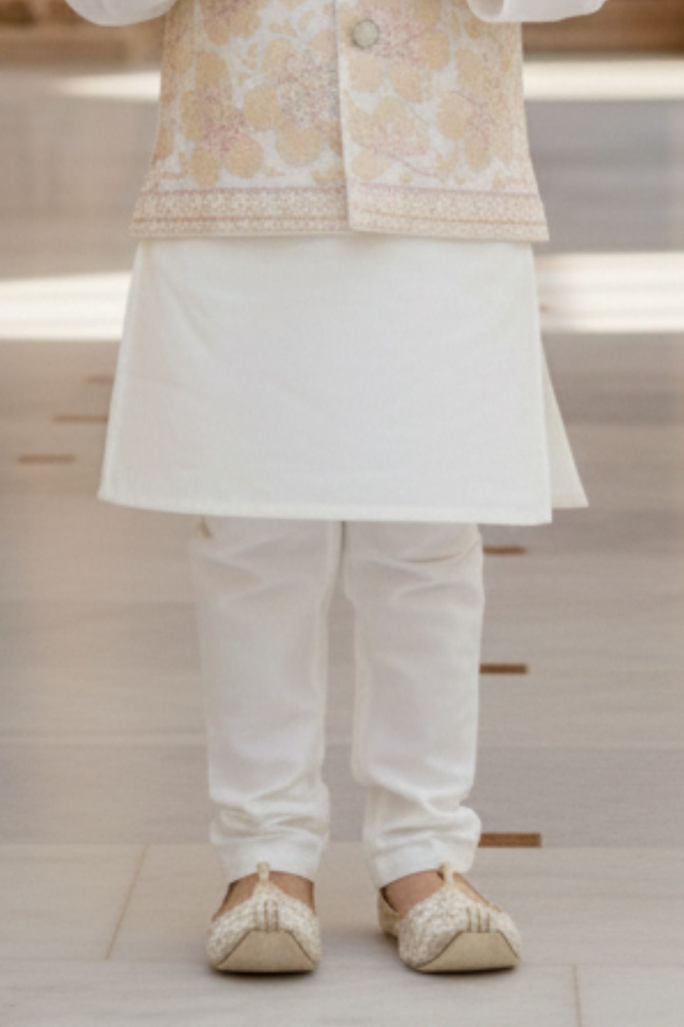 White Sequins Embroidered Kurta Pyjama Set with Jacket For Boys